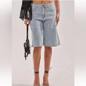 AKIRA Embellished Light Blue Denim Bermuda Shorts